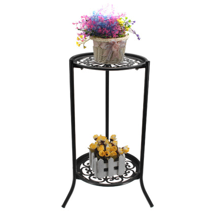 Iron Flower Pot Rack Tall Plant Stand Rack 2 Tier Flower Pot Holder Rustproof Plant Display Rack, Round Planter Shelves for Home Garden Patio Balcony Office Living Room Bathroom 24*50cm Black