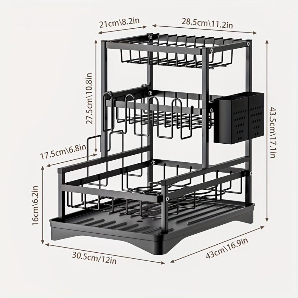 1pc 3-Tier Dish Drainer Rack for Kitchen Counter, Space-Saving Large Capacity Drying Rack with Utensil Holder, Cutting Board Holder, Cup Holder, And Draining Board