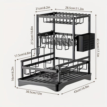 1pc 3-Tier Dish Drainer Rack for Kitchen Counter, Space-Saving Large Capacity Drying Rack with Utensil Holder, Cutting Board Holder, Cup Holder, And Draining Board