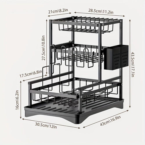 1pc 3-Tier Dish Drainer Rack for Kitchen Counter, Space-Saving Large Capacity Drying Rack with Utensil Holder, Cutting Board Holder, Cup Holder, And Draining Board