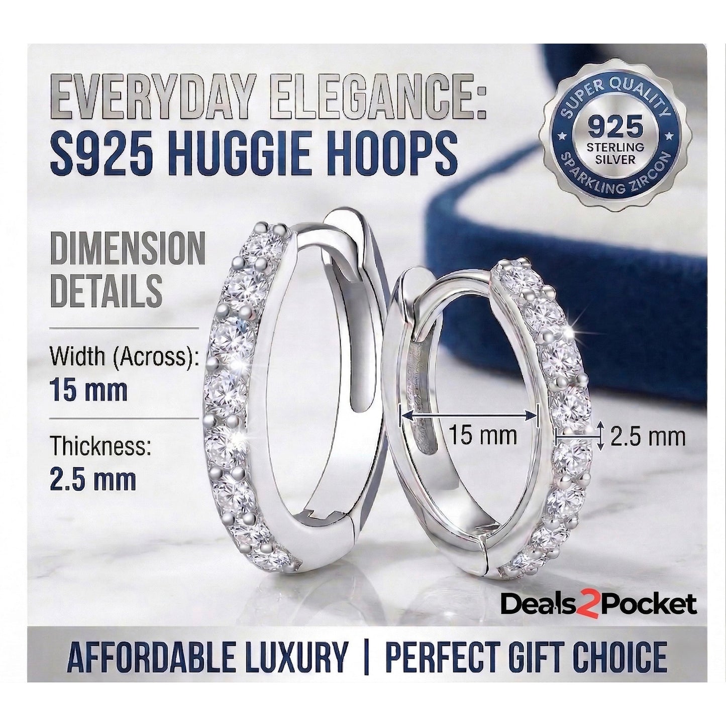 1 Pair S925 Sterling Silver Huggie Hoop Earrings For Women, Sparkling Zircon Small Hoops, 15mm Minimalist Hypoallergenic Jewelry, Everyday Elegance, Perfect Birthday/Anniversary Gift For Her