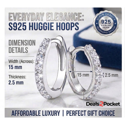 1 Pair S925 Sterling Silver Huggie Hoop Earrings For Women, Sparkling Zircon Small Hoops, 15mm Minimalist Hypoallergenic Jewelry, Everyday Elegance, Perfect Birthday/Anniversary Gift For Her