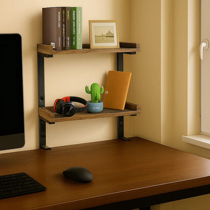 2-Tier Brown Clamp-On Desk Shelf Wood Shelving Unit Adjustable Height for Office Gaming Accessories, Tabletop Book Storage Rack