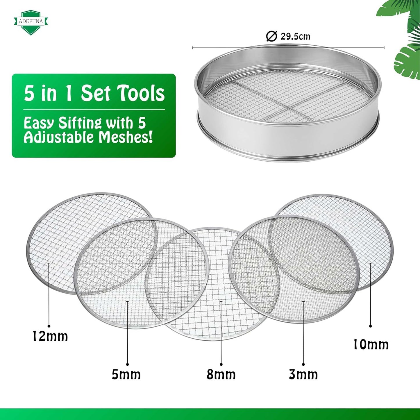 ADEPTNA 5Pcs Stainless Steel Soil Sieve Set Heavy Duty Garden Compost Sifter with 5 Interchangeable Mesh Inserts (3mm, 5mm, 8mm, 10mm, 12mm) Multi-Purpose Sifting Pan for Soil Sand Gravel Compost