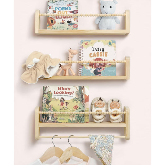 40cm Set of 3 Shelves Floating Book Shelf for Wall, Shelves for Bedroom Bookshelf Pink Room Decor, Solid Wood Small Organizer With Wooden Bead Design