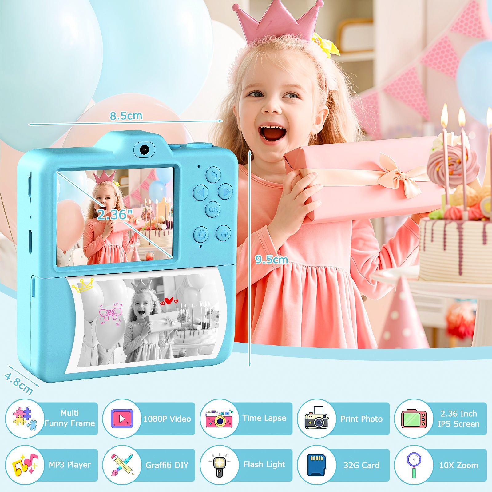 Kids Instant Print Camera Dual Lens 1080P HD - Children's Camera with 5 Rolls Photo Paper | 2.4" Screen | Birthday Christmas Gift for Girls & Boys