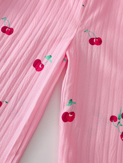Summer European and American Fashion Baby Girl Onesies, Retro Casual Onesies with Cute Cherry Prints, Playful Flutter Sleeves, Suitable for Daily Wear, Outdoor Activities, Perfect for Outdoor