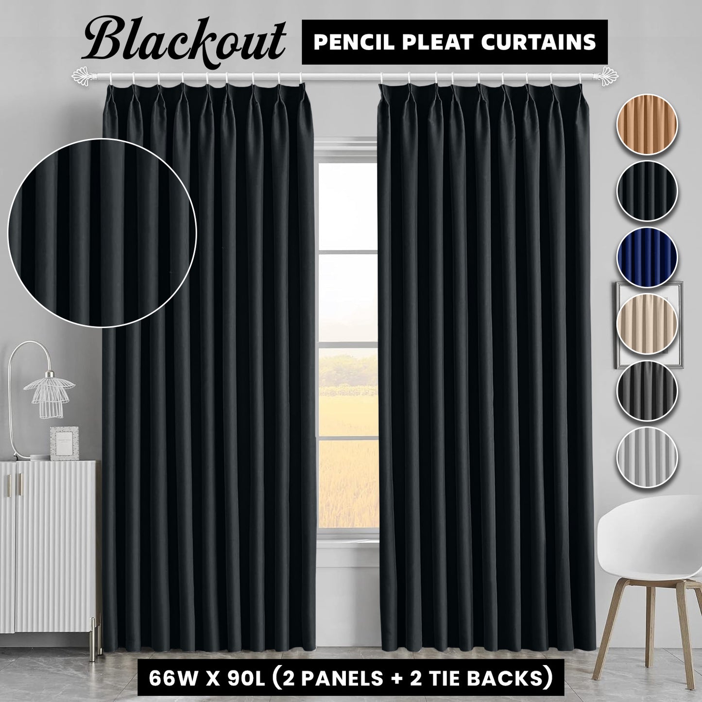 2pcs Premium Blackout Pencil Pleat Curtains – Heavy Duty Thermal Insulated Window Drapes with Matching Ties, Noise Reducing, Energy Saving & UV Blocking, Perfect for Bedroom & Living Room