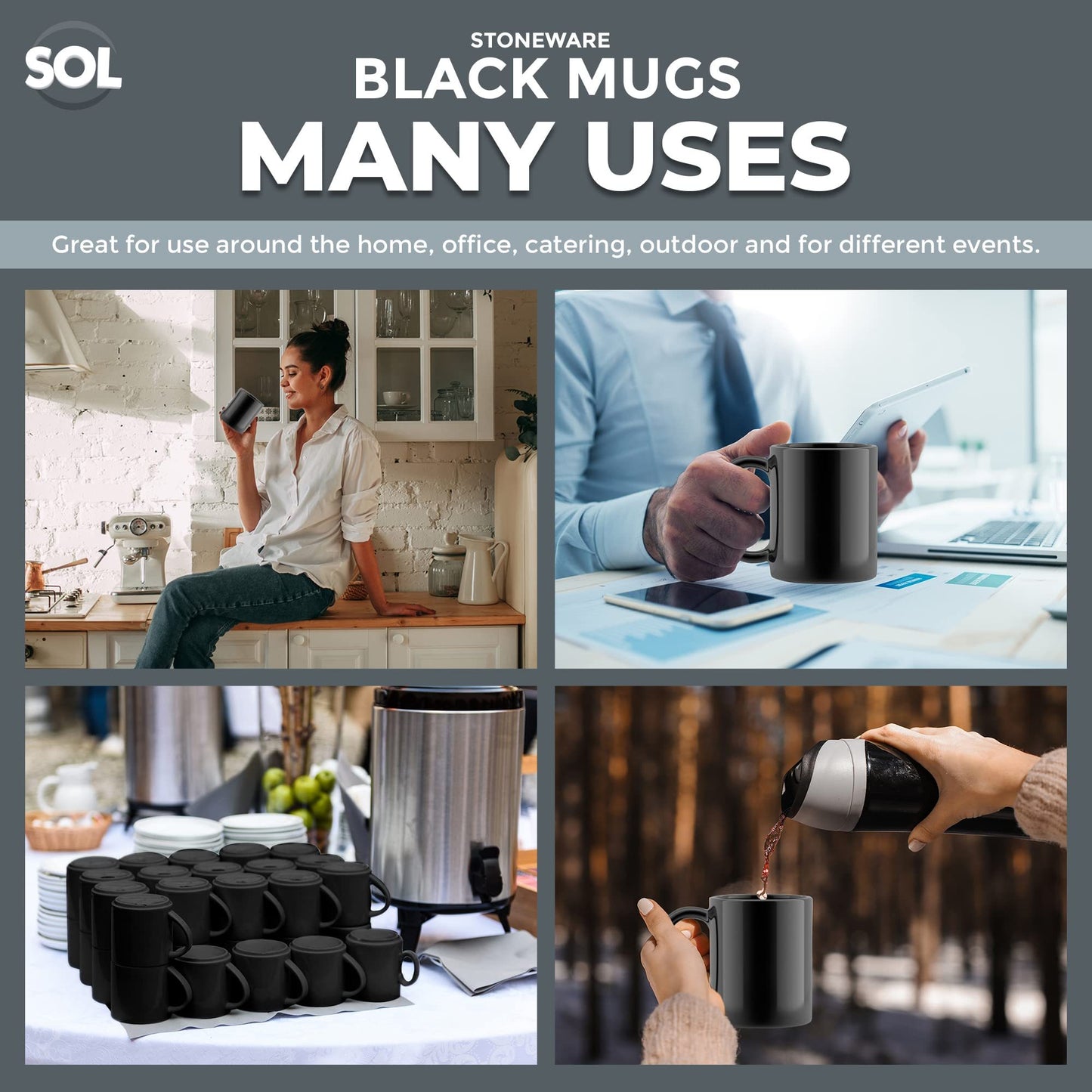 SOL 12-Pack Black Mugs Set, 11oz | Stoneware Ceramic Coffee & Tea Mugs | Durable Plain Black Cups for Home, Office, Café & Restaurant | Stackable Everyday Drinkware | Dishwasher & Microwave Safe Hot Beverage Mug Set