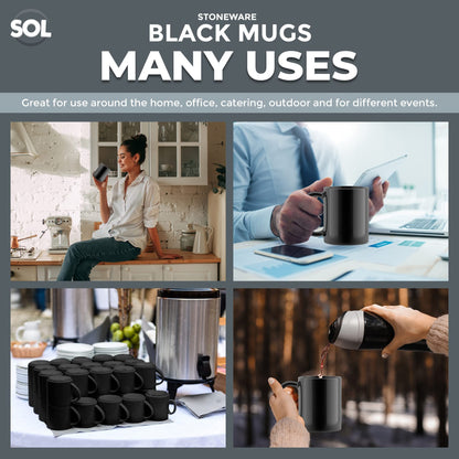 SOL 12-Pack Black Mugs Set, 11oz | Stoneware Ceramic Coffee & Tea Mugs | Durable Plain Black Cups for Home, Office, Café & Restaurant | Stackable Everyday Drinkware | Dishwasher & Microwave Safe Hot Beverage Mug Set