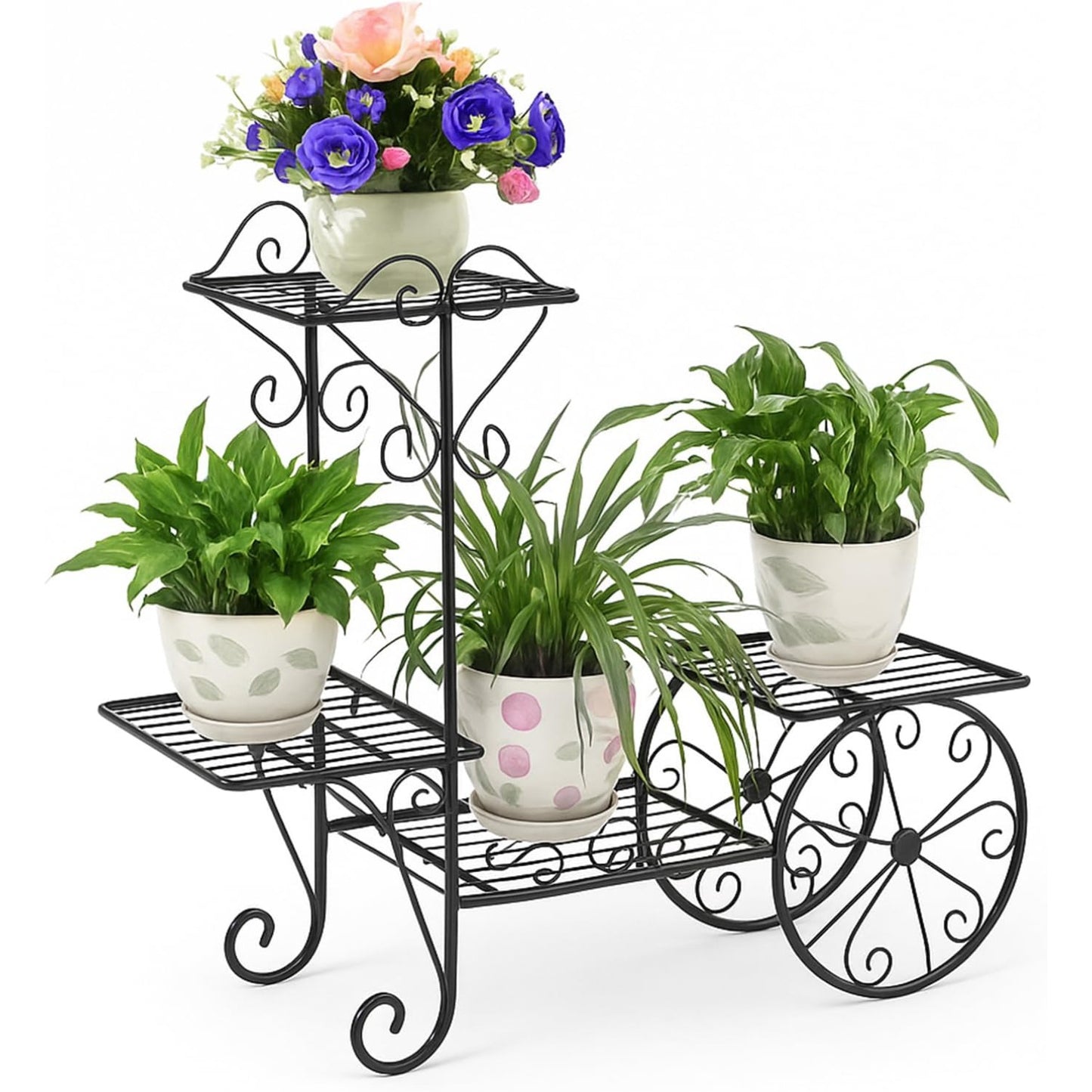 3 Tier Metal Plant Stand Indoor Outdoor, Decorative Flower Pot Display Rack Floor Standing Iron Planter Shelf for Garden, Balcony, Patio, Home Décor, Holds 4 Flower Pots