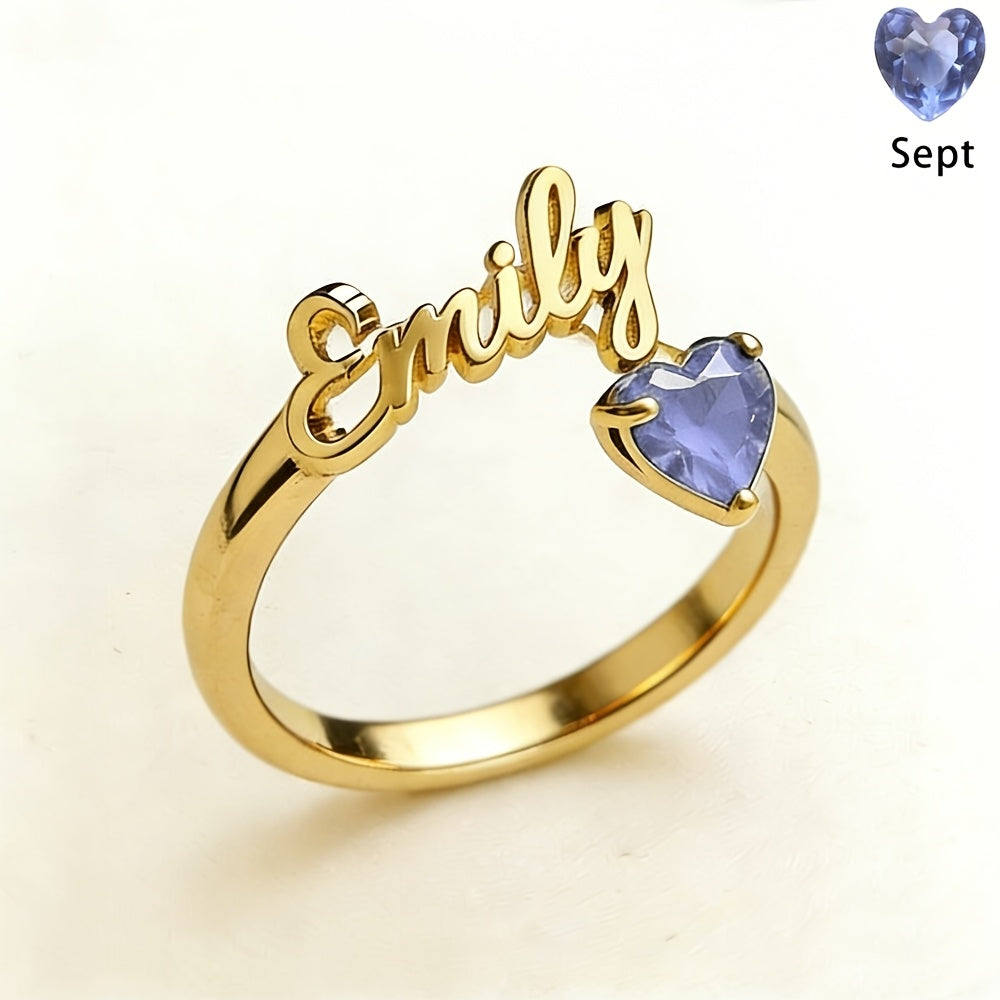 Personalized Heart Birthstone Ring, Custom Birthstone Golden Name Ring, Stainless Steel Elegant Nameplate Open Ring, Best Birthday Gift for Her, Birthstone Jewelry, Light Issues May Cause Color Differences in Birthstones