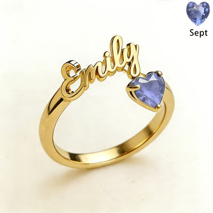 Personalized Heart Birthstone Ring, Custom Birthstone Golden Name Ring, Stainless Steel Elegant Nameplate Open Ring, Best Birthday Gift for Her, Birthstone Jewelry, Light Issues May Cause Color Differences in Birthstones