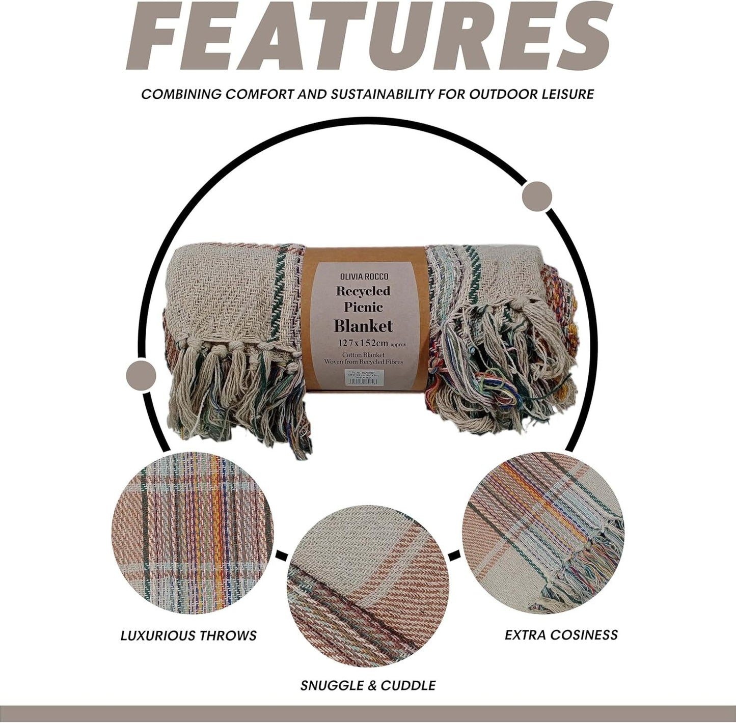Picnic Blanket Check Stripe Design Super Soft Cosy Sofa Bed Camping Beach Garden Throw made from Recycled Cotton