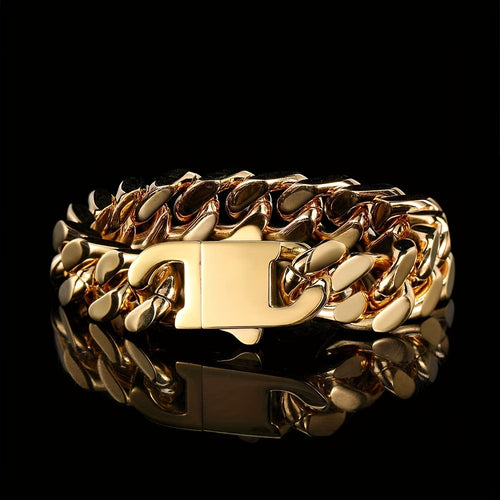 304L 304L Stainless Steel Men'S Bracelet Hip Hop 8.10.12Mm Glossy Spring Buckle Cuban Chain Plated 18K Gold Plated Real Golden Easy All-Matching Bracelet Hip Hop Jewelry