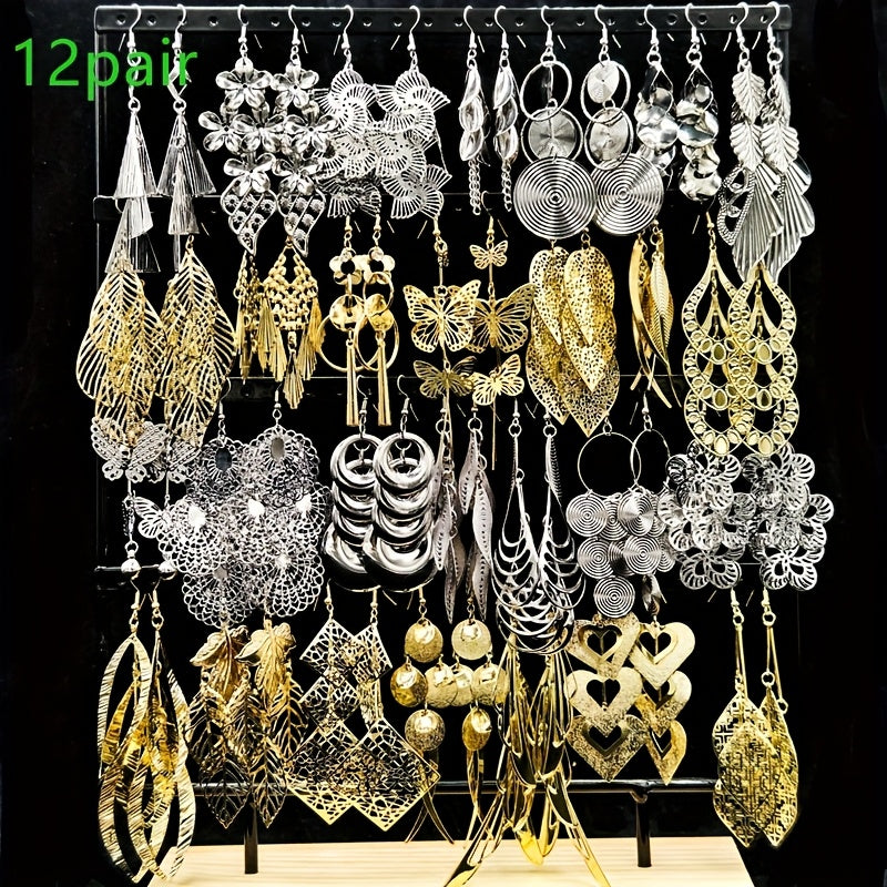 [Women's Jewelry Set] 6/12 Pairs/Bag Women's Jewelry Set - Retro Fashion Elegant Hollow Out Multi-Layer Pendant Earrings - Butterfly Leaf Geometric Shape Exaggerated Bold Design - Suitable for Parties And Casual Parties Gifts - Mixed Layered Hanging Women