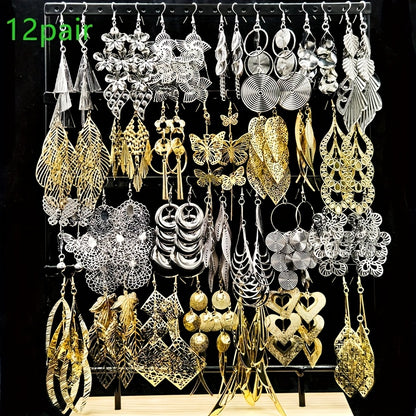 [Women's Jewelry Set] 6/12 Pairs/Bag Women's Jewelry Set - Retro Fashion Elegant Hollow Out Multi-Layer Pendant Earrings - Butterfly Leaf Geometric Shape Exaggerated Bold Design - Suitable for Parties And Casual Parties Gifts - Mixed Layered Hanging Women