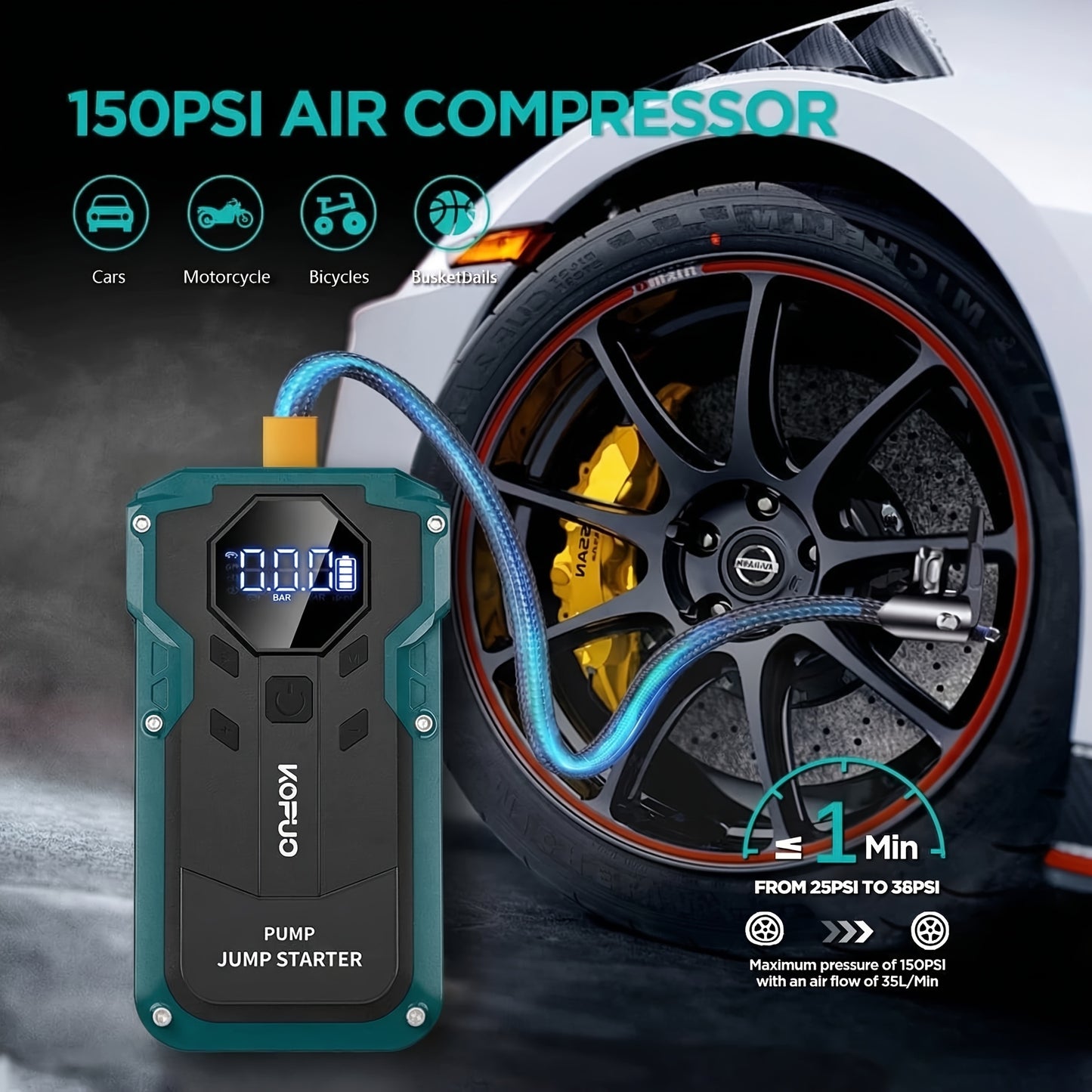 5000A/10000A Peak 12V Car Jump Starter Battery Booster Jump Box, 150PSI Air Compressor Tire Inflator, Up to 10L Gasoline/8L Diesel Engines, 7-In-1 Power Bank, LCD Display, LED Flashlight SOS Strobe, Emergency Kit for Cars SUV Motorcycles