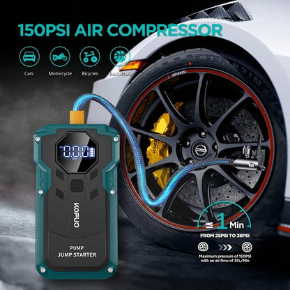 5000A/10000A Peak 12V Car Jump Starter Battery Booster Jump Box, 150PSI Air Compressor Tire Inflator, Up to 10L Gasoline/8L Diesel Engines, 7-In-1 Power Bank, LCD Display, LED Flashlight SOS Strobe, Emergency Kit for Cars SUV Motorcycles
