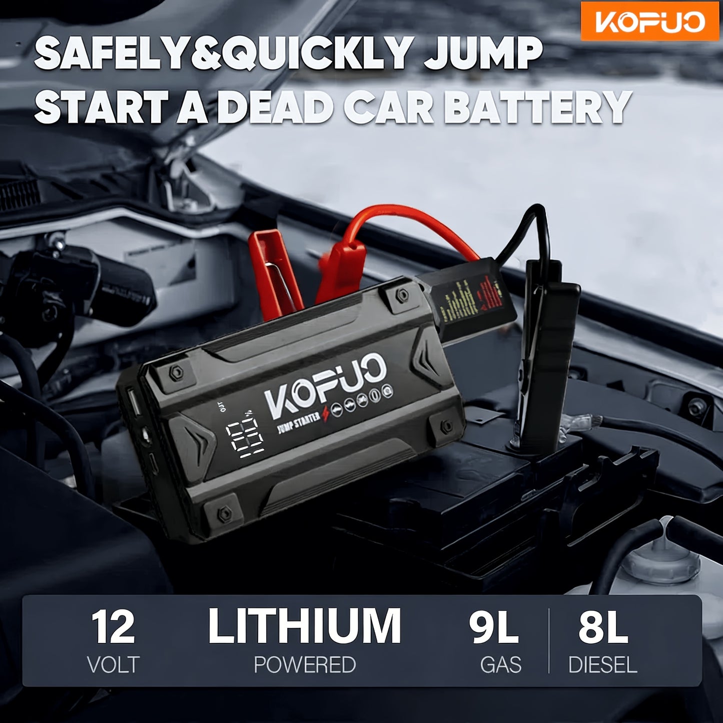 KOPUO 3000A/5000A Car Jump Starter (9L Gasoline/8L Diesel) Portable Car Jump Starter, 12V Car Battery Jumper Starter with Safety Jumper Cables, Fast Charging Car Battery Booster Jump Starter, Lights, Compact, Camping Essentials
