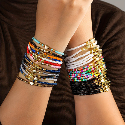 35pcs Bohemian Style Mixed Color Seed Bead Stackable Heart Bracelet Set, Holiday Gift Bracelet