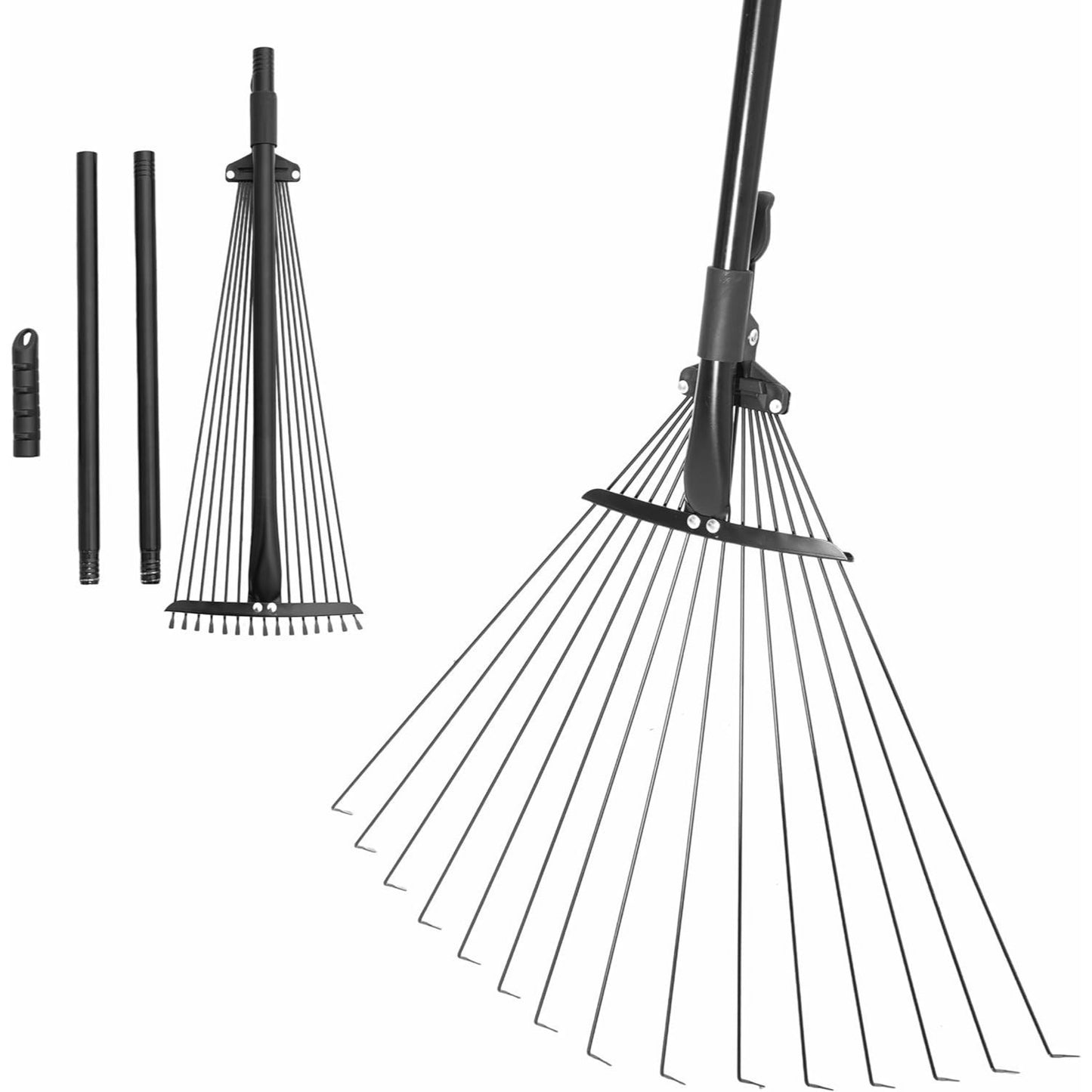 Leaf Rake, 15 Metal Tines, Adjustable Garden Rake with 20-60 cm Wide Head and 81-170 cm Handle, Tool for Removing Leaves in Gardening, Patio, Lawn