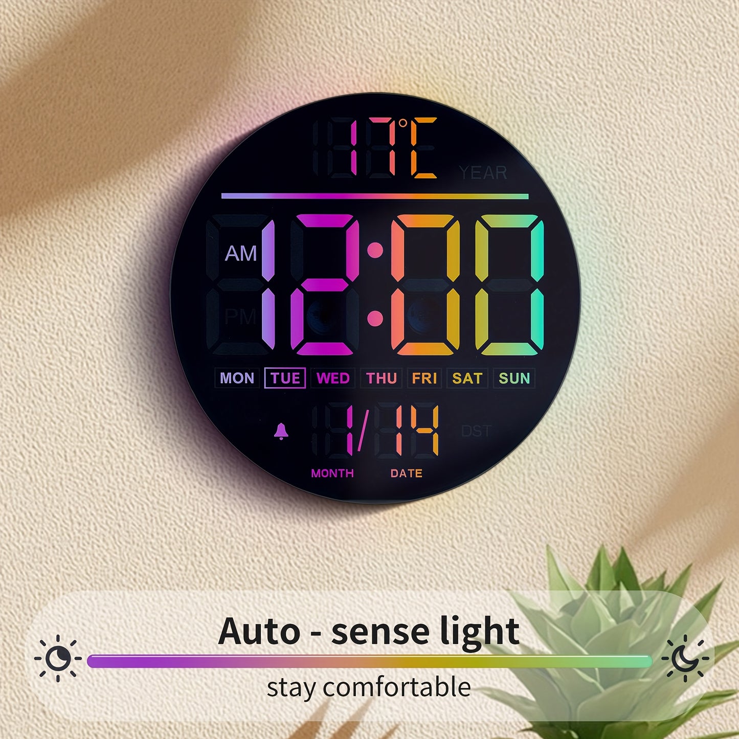 A Large 10-Inch Digital Wall Clock Featuring 8 RGB Colors, Remote Control, Temperature Display, Date, Automatic Daylight Saving Time Adjustment, Night Light, Auto Brightness Dimmer