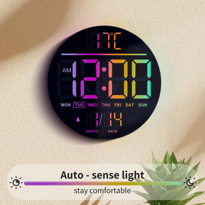 A Large 10-Inch Digital Wall Clock Featuring 8 RGB Colors, Remote Control, Temperature Display, Date, Automatic Daylight Saving Time Adjustment, Night Light, Auto Brightness Dimmer