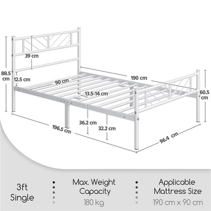 Costoffs Metal Platform Bed Frame, Single/Double/King Sizes, Mattress Foundation with Arrow Design Headboard & Footboard, Built-in Steel Slats, 32cm Underbed Storage, No Box Spring Needed, Black/White