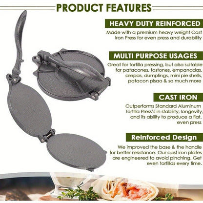 8" Aluminum Tortilla Press Ideal for Flour Tortillas & Pie Crusts Perfect for Home Kitchen Black