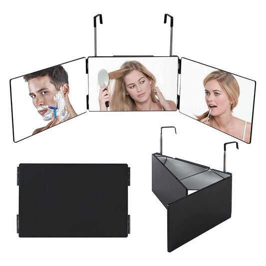 Multi-Functional Tri-Fold Makeup Mirror, Foldable Barbering Tri-Angle Mirror - Height-Adjustable, Hook-Mounted, Foldable, Wall-Mounted, Suitable for Self-Haircutting, Shaving, Grooming, Facial Treatments and Makeup Application
