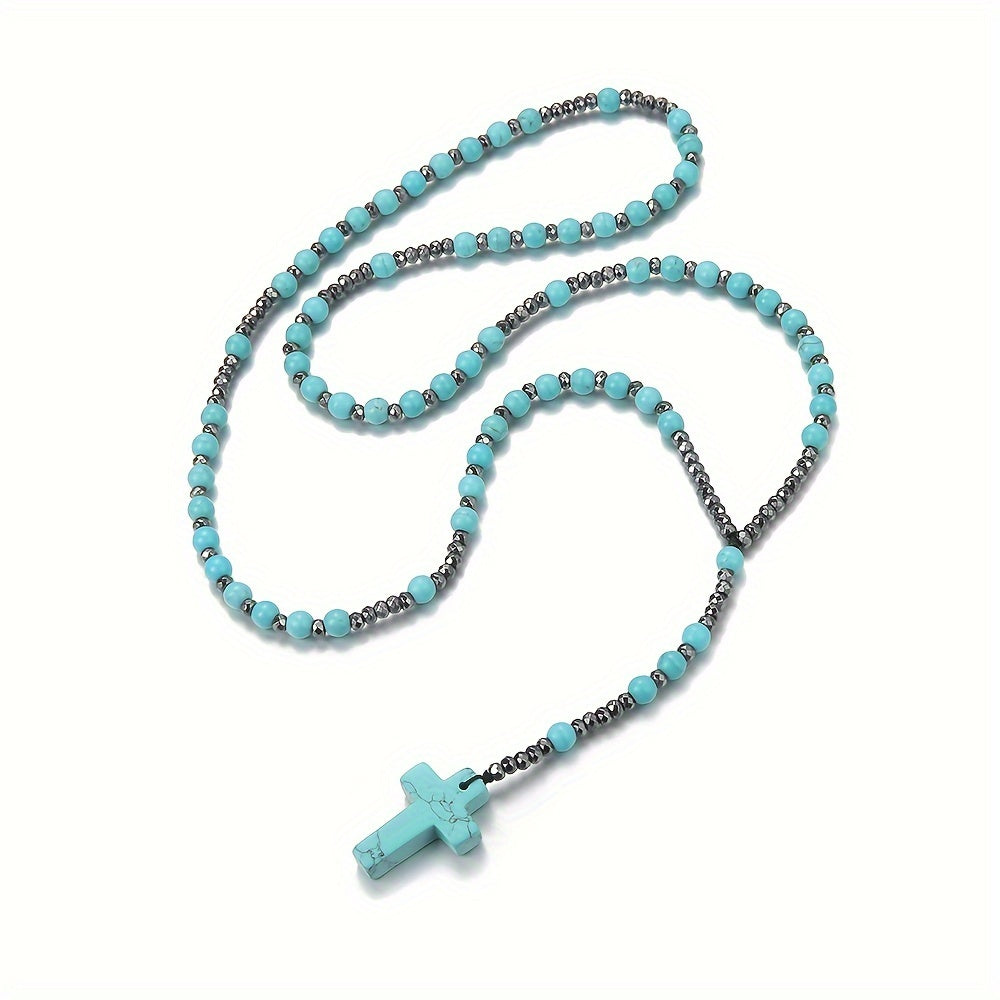 Natural Stone Round Beads - Pink Quartz, Map Stone, Sage Stone, Red Agate Beaded Cross Pendant Necklace for Men and Women, Long Chain Sweater Chain, Gift