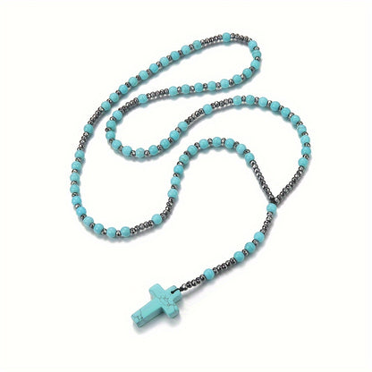 Natural Stone Round Beads - Pink Quartz, Map Stone, Sage Stone, Red Agate Beaded Cross Pendant Necklace for Men and Women, Long Chain Sweater Chain, Gift