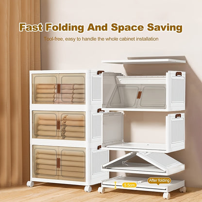 45Cm/50Cm Small Foldable Storage Cabinet, Small Capacity Entryway Storage Cabinet, with Wheels And Lid - Foldable Stackable Plastic Box, Home Storage And Organization Tool Cabinet, Foldable Organizer Box, Suitable for Closet, Bedroom, Kitchen
