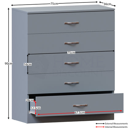 Chest of Drawers, 5 Drawers Chest of Drawers Dresser With Metal Handles and Runners Unique Anti-Bowing Drawer Support Spacious Bedroom Furniture, Available in White, Black, Grey, Pine Storage Furniture