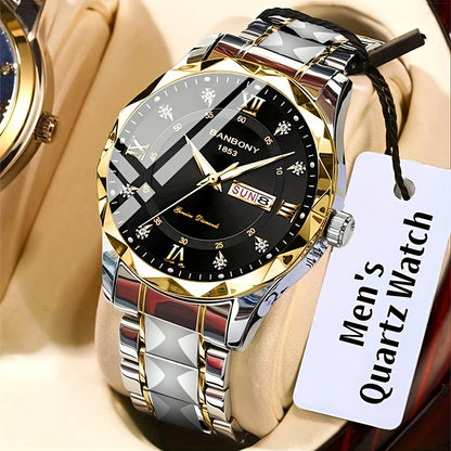 1 New Stainless Steel Men'S Quartz Watch with Roman Numerals, Rhinestone Dial, Date Calendar, Trendy Minimalist Luxury Brand, Luminous Sports Casual Business Multi-Functional Watch - Ideal Birthday Gift and Holiday Present, Elegant Watch For Men, Watch Fo