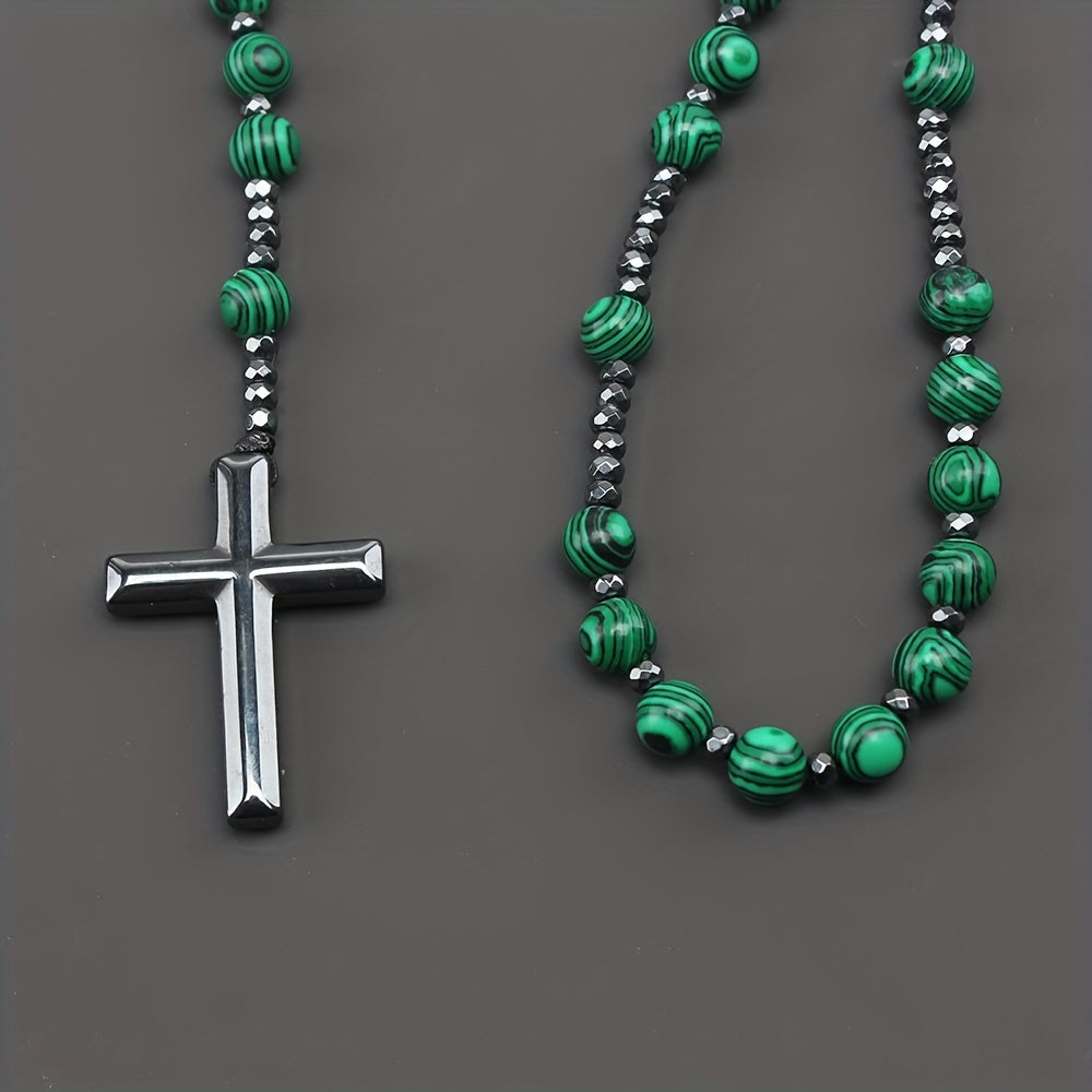 1pc Fashion Vintage Style Jewelry Round Bead Malachite Black Howlite Cross Religious Prayer Beads Men's Long Necklace for Daily Wear
