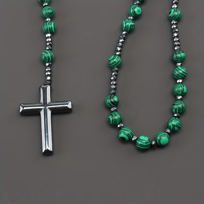 1pc Fashion Vintage Style Jewelry Round Bead Malachite Black Howlite Cross Religious Prayer Beads Men's Long Necklace for Daily Wear
