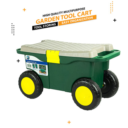 Gardeners Tool Cart and Seat, Wheeled Portable Rolling Weeding Stool and Tool Storage, Green