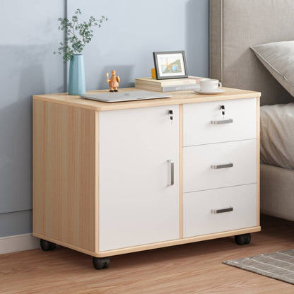 Mobile File Cabinet, Bedside Table, Organizer, Table, Book Shelf Study Table Monitor Stand, 3-Drawer Lockable Filing Cabinets for Home & Office, Printer Stand, Storage Cabinet with Drawers 1 Door 4 Wheels, Office Storage Rolling Office Cabinet