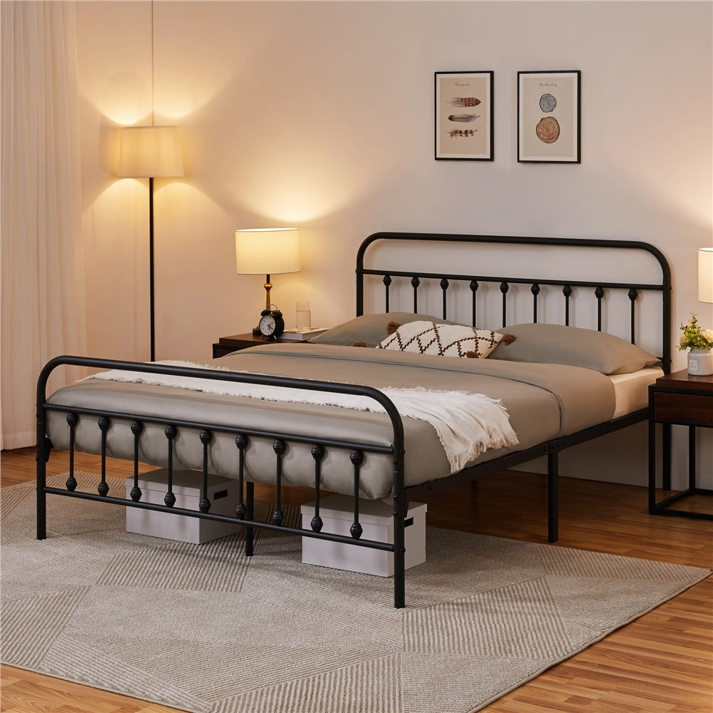 Costoffs Metal Bed Frame, Metal-Framed Bed, Bed Foundation, Metal Platform Bed, Vintage Iron Platform Bed with High Headboard and Footboard, Sturdy Iron Bed, Single/Double/King, White/Black/Pink