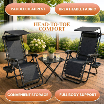 Zero Gravity Sun Lounger Set 3 Piece with Folding Table Canopy Shade Cup Holder Reclining Garden Patio Beach Chairs Breathable Mesh Black