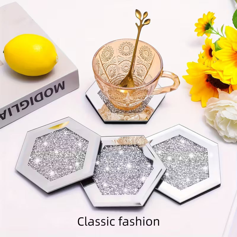 SERENA'S ® Set of 4 Hexagon Crystal Coasters – 10cm Glass Mirrored Drink Coasters with Glitter Crushed Diamond Design – Elegant Coasters for Home, Kitchen, Bar, or Table Decoration