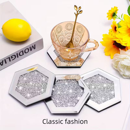 SERENA'S ® Set of 4 Hexagon Crystal Coasters – 10cm Glass Mirrored Drink Coasters with Glitter Crushed Diamond Design – Elegant Coasters for Home, Kitchen, Bar, or Table Decoration