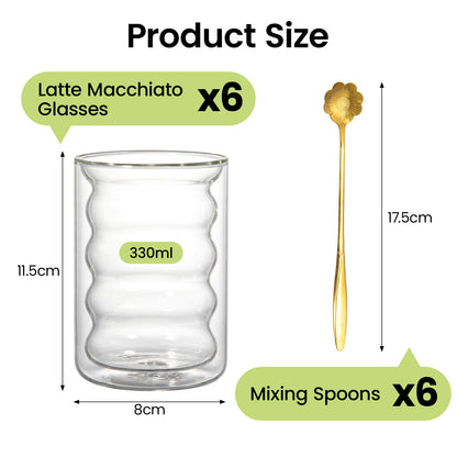 6pcs - 350ml, Latte Mocha, Double-Wall Heat-Resistant Glass Cappuccino, Latte, Tea, Coffee, Milk, Juice, Beer, Dual-Layer No-Handle Glass Cup with Built-In Spiral Lid, Perfect for Hot Beverages, Beverage Glassware, Sophisticated Drinkware, Heatresistant G