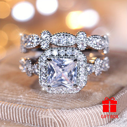 Elegant 2pcs Square White Cubic Zirconia Ring Set - Luxurious, Durable & Sparkling for Weddings, Parties & Everyday Glamour