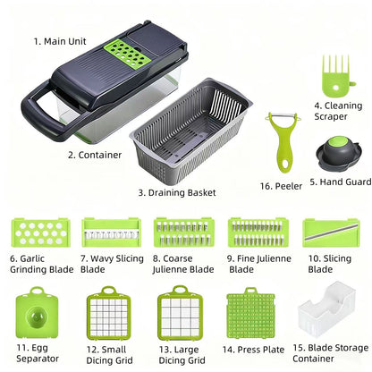 A Multifunctional 16-In-1 Food Chopper, Including a Vegetable Chopper, Onion Chopper, Vegetable Slicer, Dicer, And More, Equipped with 8 Blades, a Strainer Basket, And Containers for Salad, Potatoes, Carrots, And Garlic, Along with a Drainage Basket