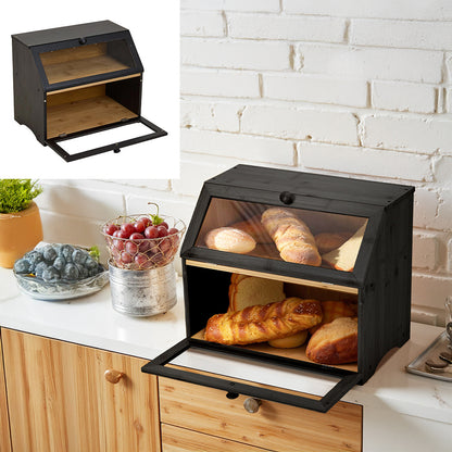 Bamboo Bread Bin with Transparent Window, 2-Layer, Bread Box Large Capacity Bread Storage for Kitchen, Kitchen Countertop Bread Box for Bread, Sushi, Pastries, Biscuits, Breakfast, Natural/ Black, 15.55*9.84*12.60 Inch