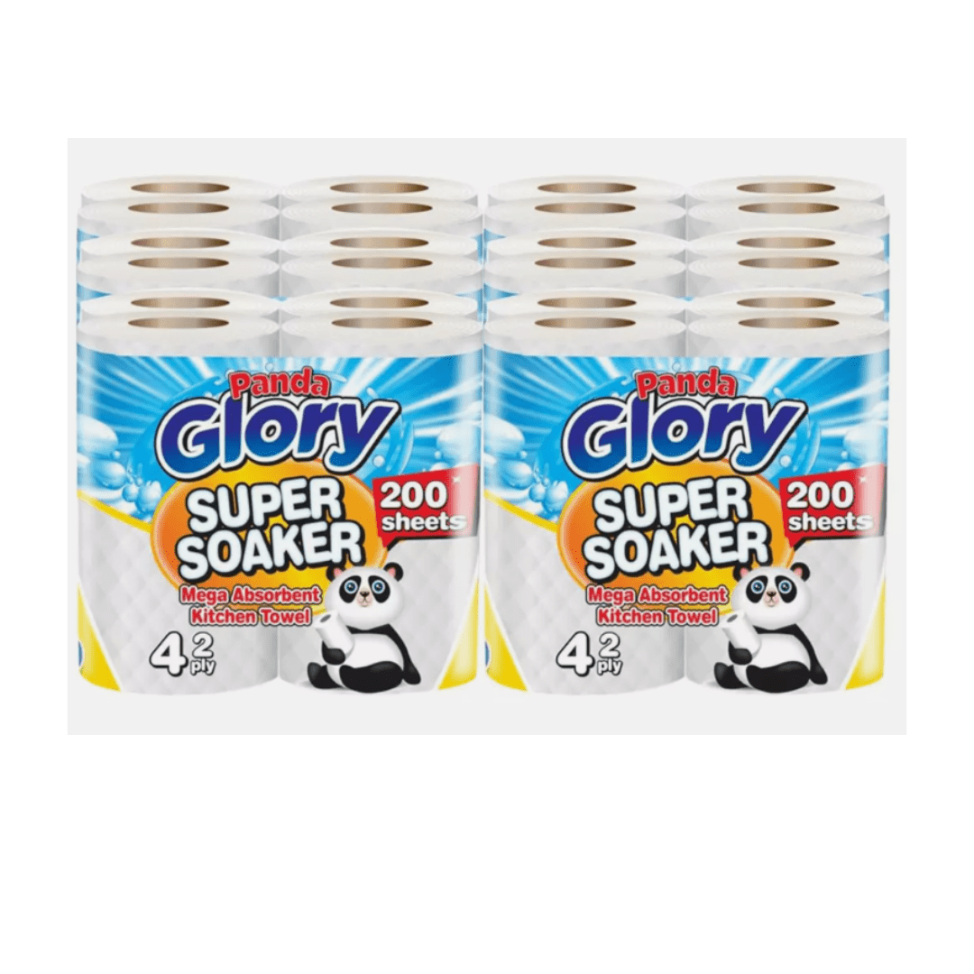 48 X Panda Glory 2-Ply Kitchen Towel 4-Pack Paper Rolls | White Paper Embossed | Strong & Functional