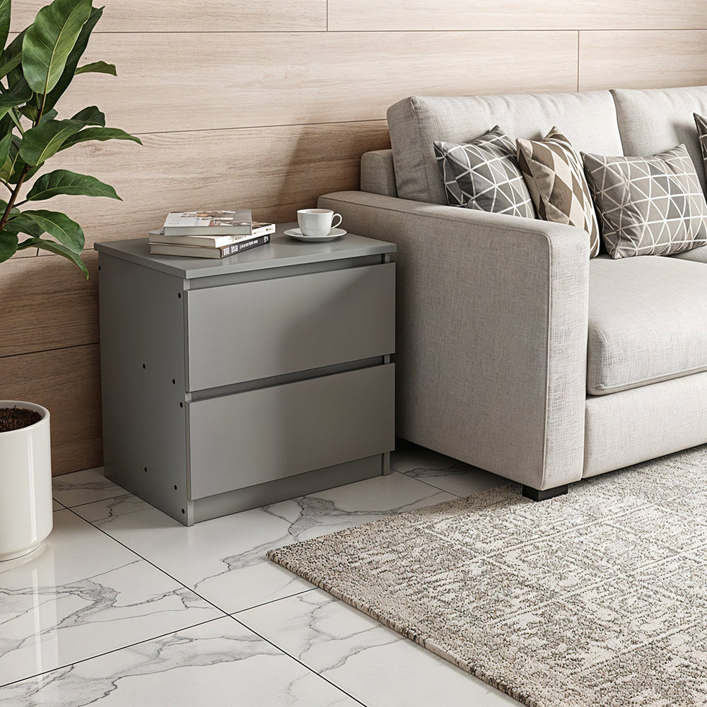 2 Drawer Wooden Bedroom Bedside Cabinet No Handle Storage Nightstand Side Table, Wooden Nightstand with 2 Storage Drawers, Sturdy Modern Sofa Side End Table Chest of Drawers Cabinet for Bedroom, Living Room, 32x30x41 cm, Grey